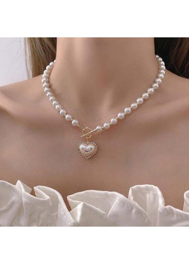 Rhinestone Detail Silver Heart Pearl Necklace product