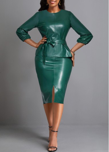 Faux Leather Belted Blackish Green Round Neck Bodycon Dress