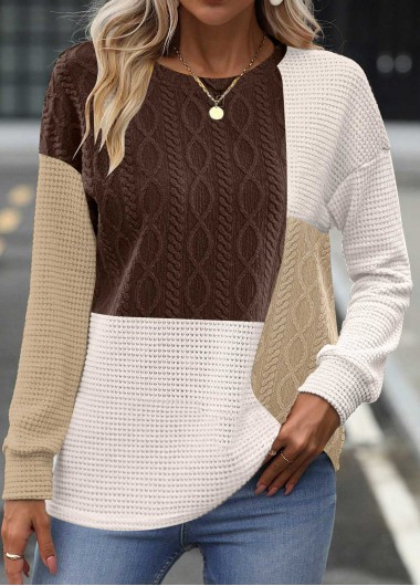 Long Sleeve Patchwork Dark Coffee Round Neck Sweatshirt Long Sleeve Patchwork Dark Coffee Round Neck Sweatshirt
