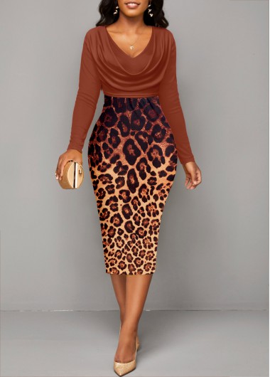 Leopard Patchwork Dark Coffee Draped Neck Bodycon Dress 35$