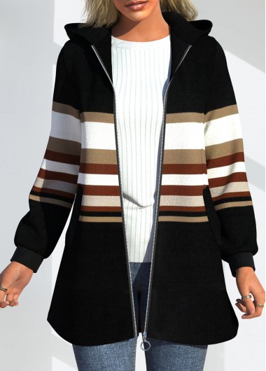 Striped Zipper Black Long Sleeve Hooded Coat