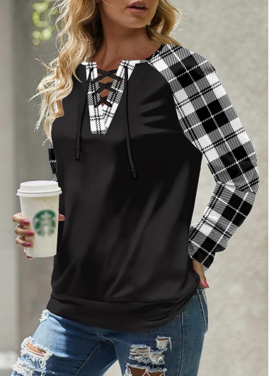 Plaid Lace Up Black Round Neck Long Sleeve Sweatshirt