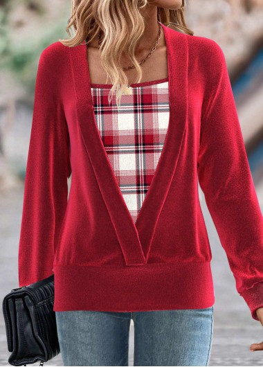 Plaid Fake 2in1 Red Long Sleeve Square Neck Sweatshirt