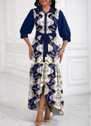 Tribal Print Patchwork Belted Navy High Low Dress