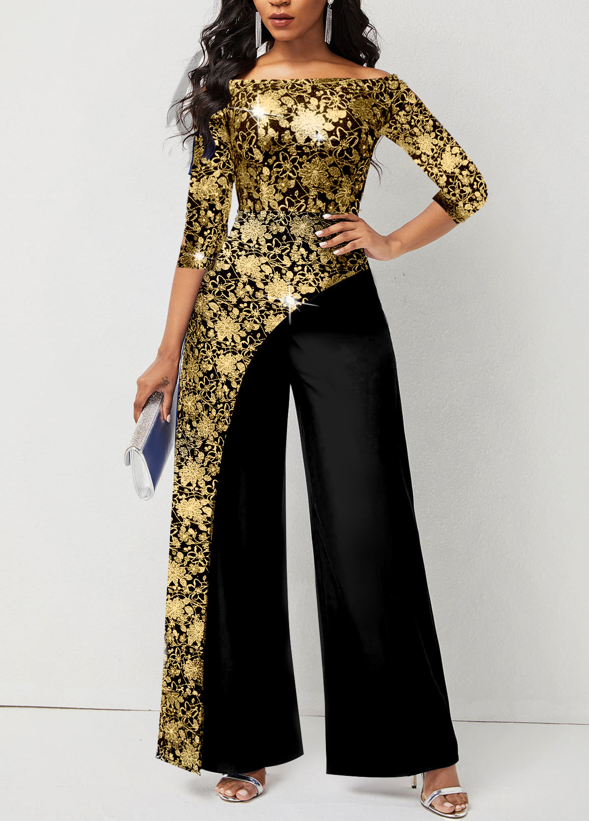 Golden Plus Size Hot Stamping Floral Print Jumpsuit