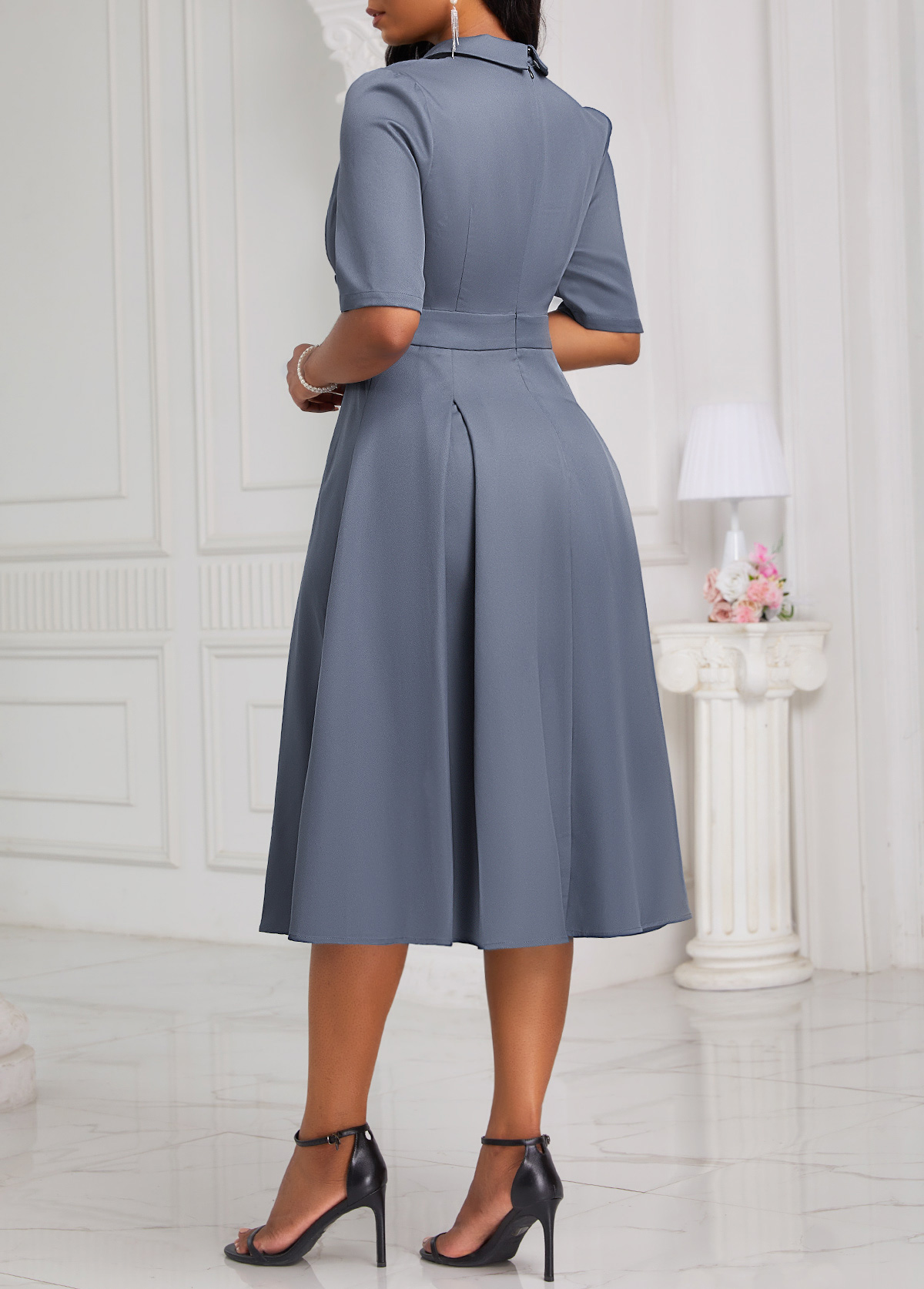 Dusty Blue Lapel Half Sleeve Asymmetry Dress