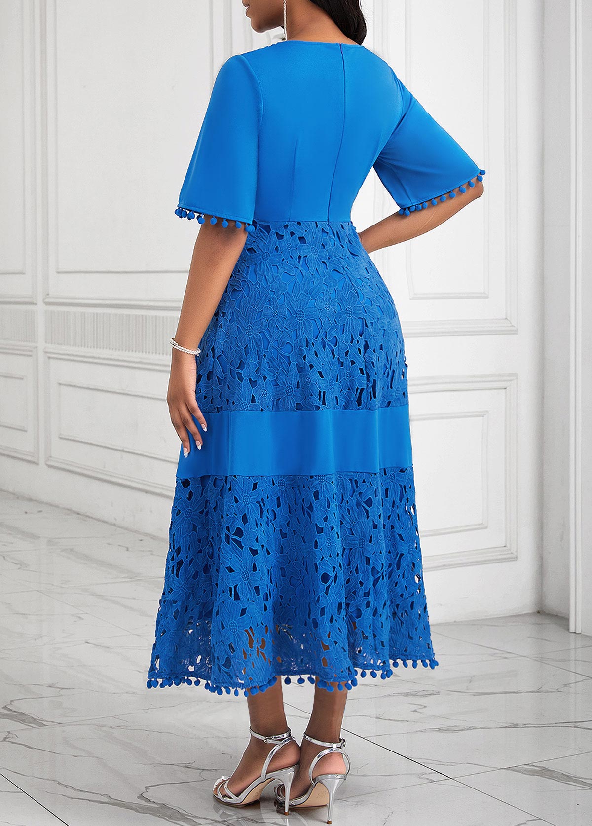 Patchwork Lace Blue A Line V Neck Dress | Rosewe.com - USD $53.98