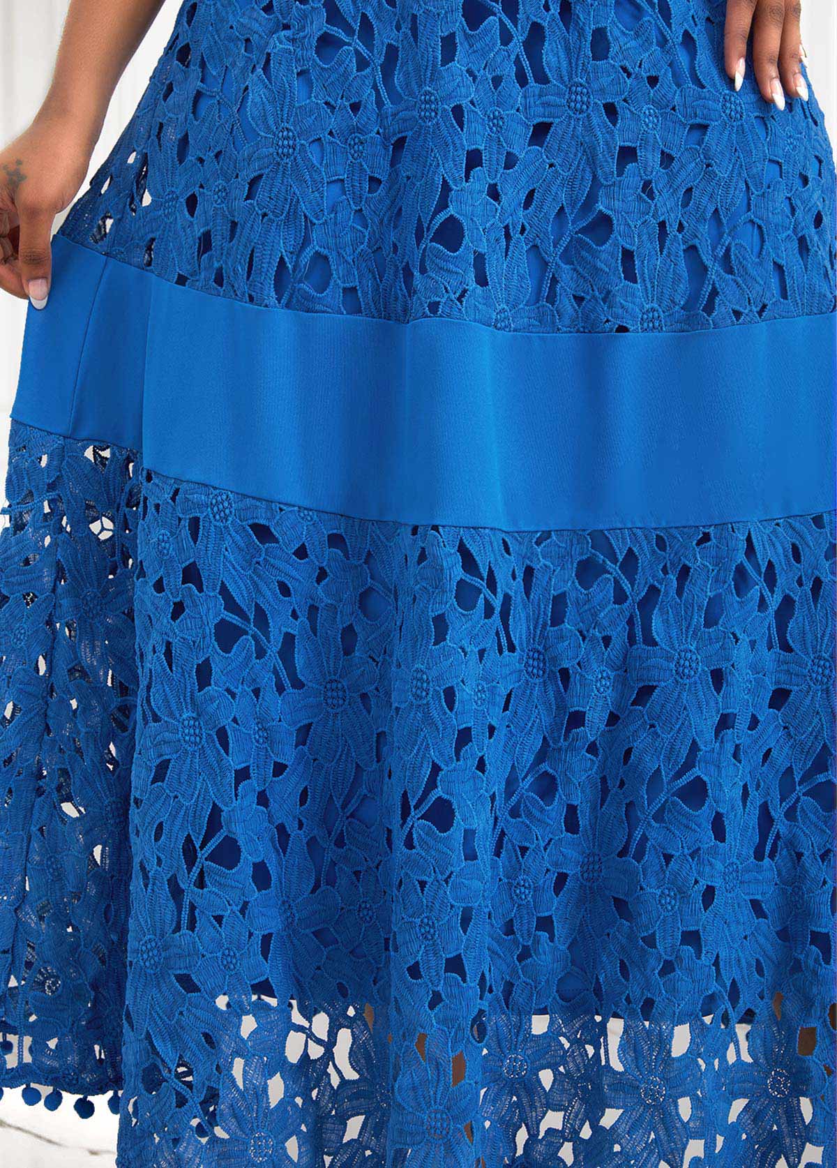 Patchwork Lace Blue A Line V Neck Dress