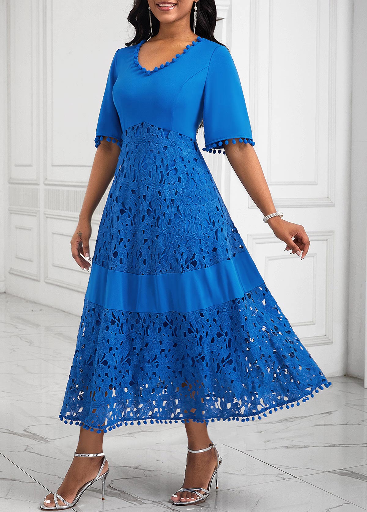 Patchwork Lace Blue A Line V Neck Dress