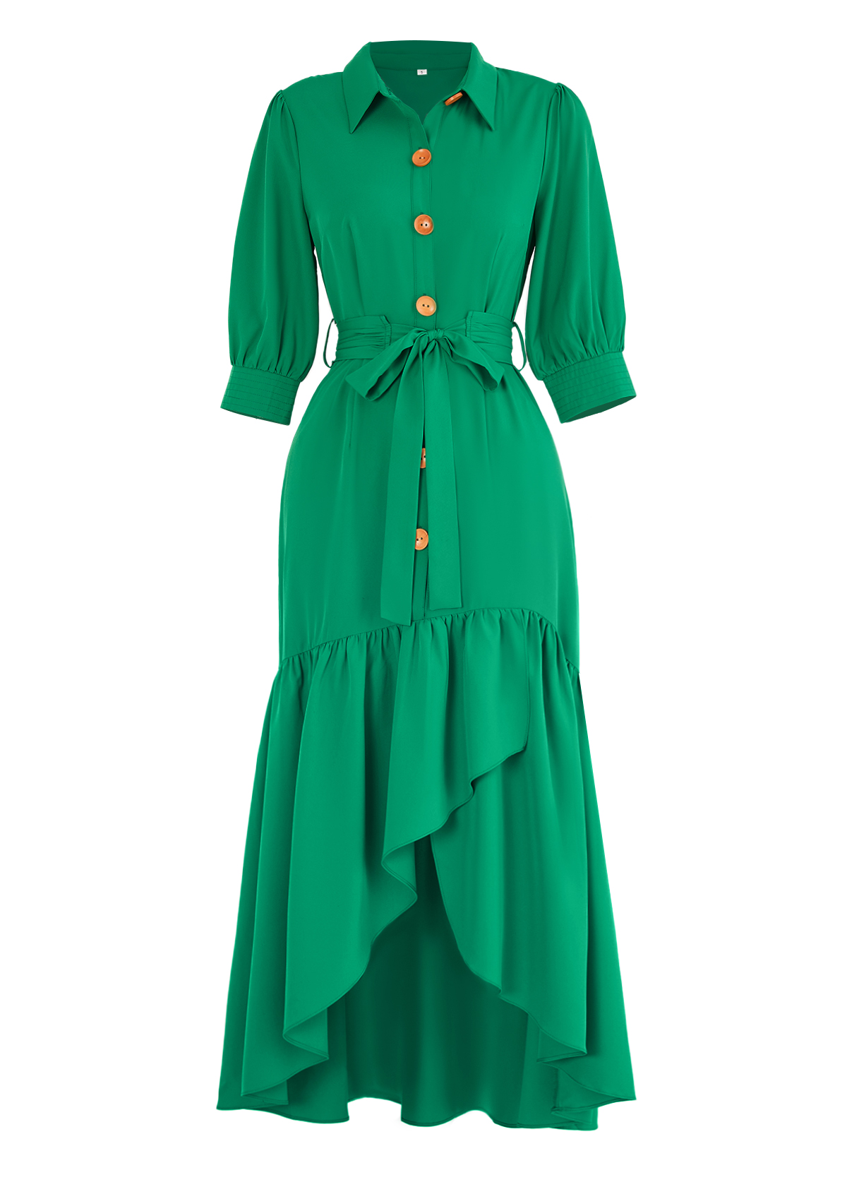 Button Belted Green High Low Shirt Collar Dress