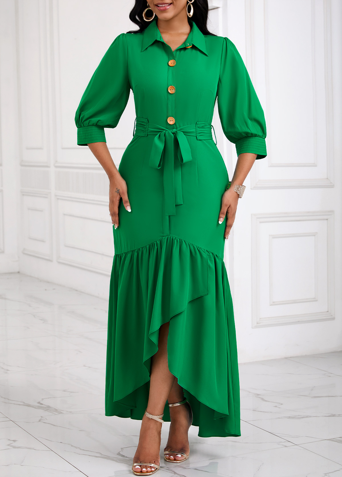Button Belted Green High Low Shirt Collar Dress