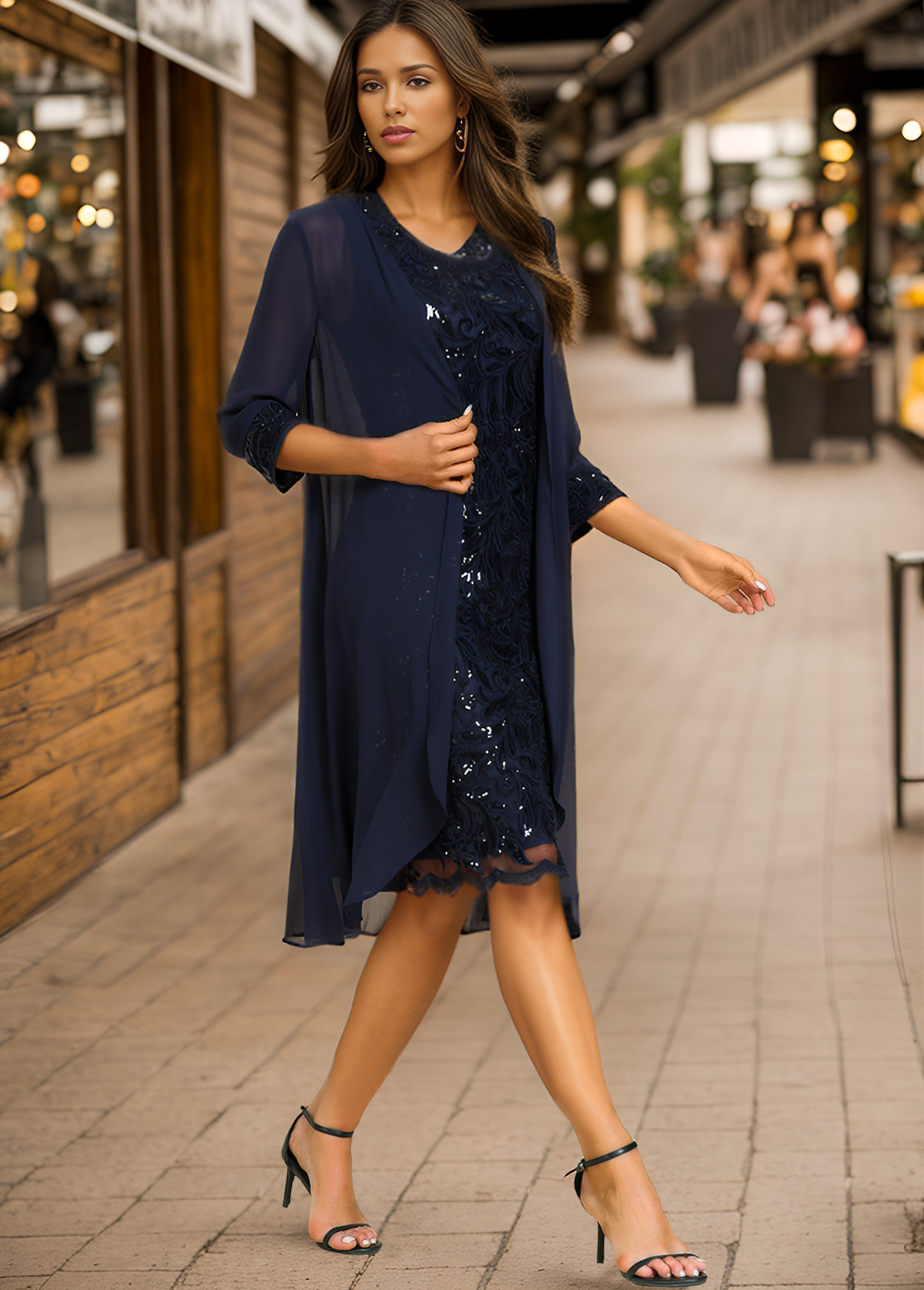 Sequin Round Neck Shift Navy Dress and Cardigan