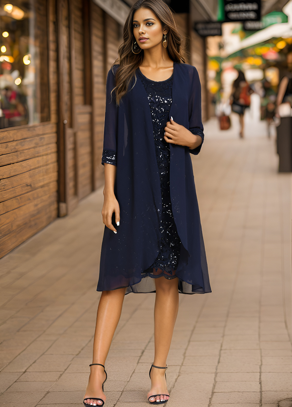 Sequin Round Neck Shift Navy Dress and Cardigan