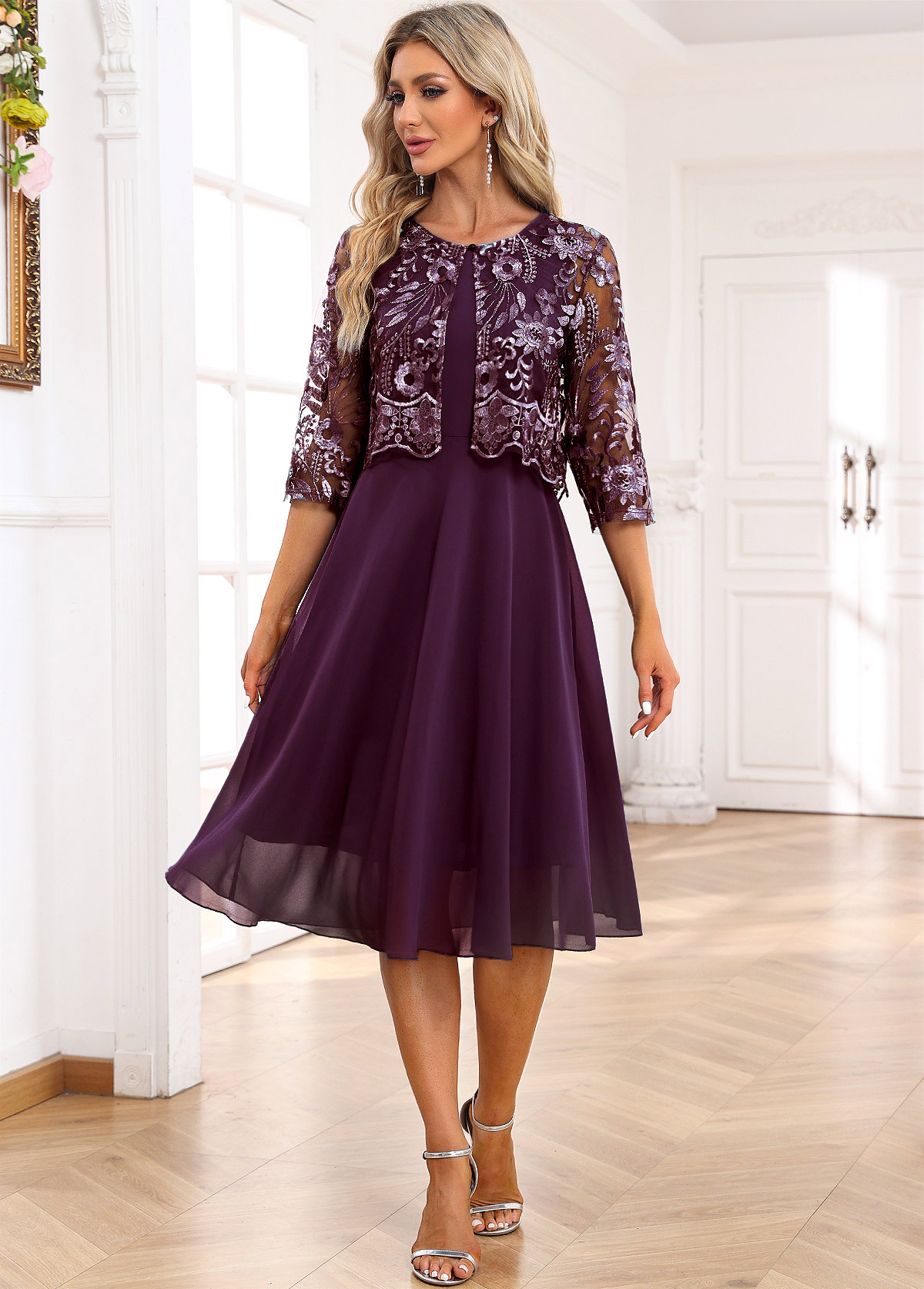 Lace A Line Scoop Neck Dark Purple Dress