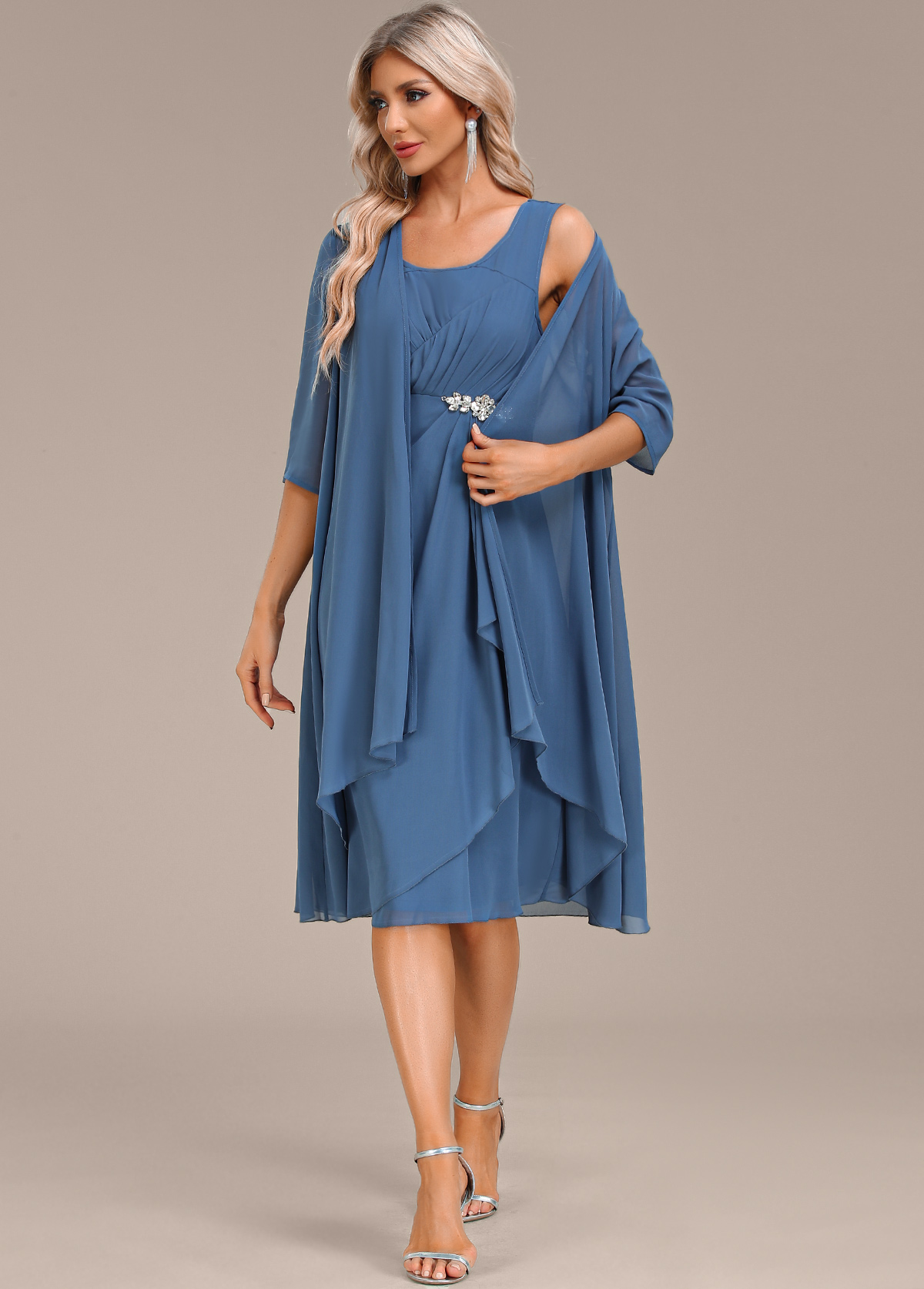 Hot Drilling Blue Round Neck Dress and Cardigan