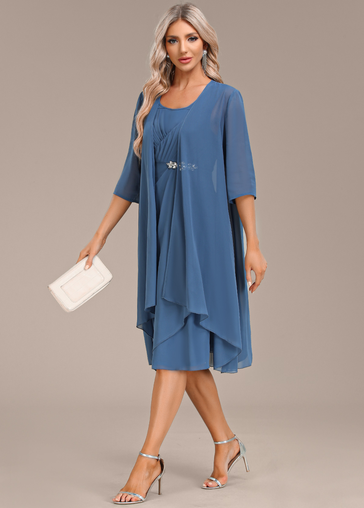 Hot Drilling Blue Round Neck Dress and Cardigan