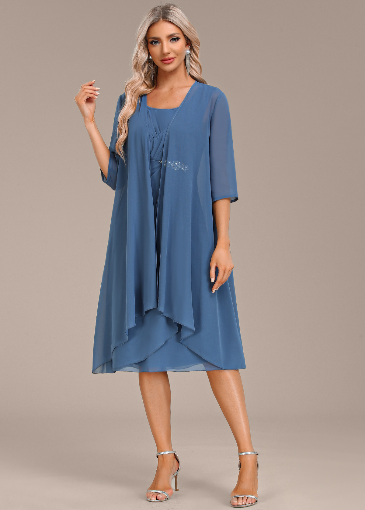 Hot Drilling Blue Round Neck Dress and Cardigan | Rosewe.com - USD $47.98