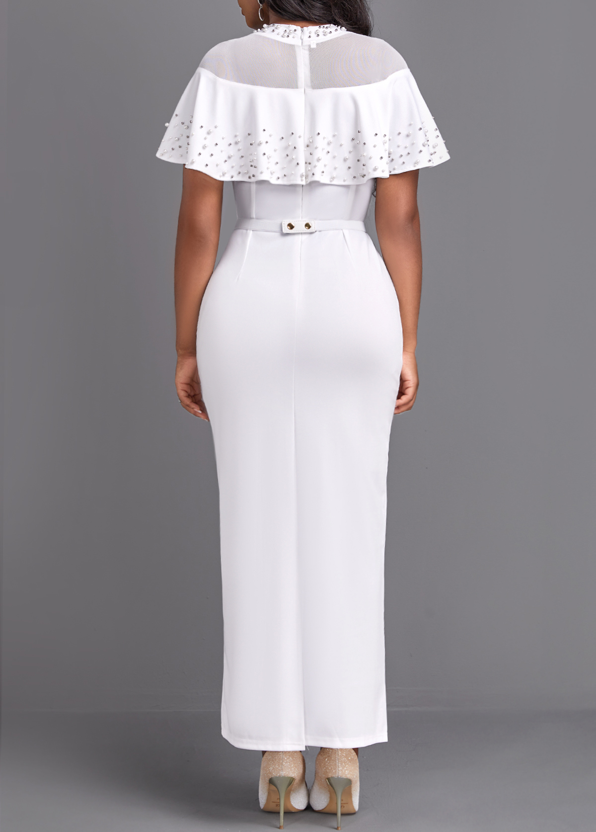 Pearl Belted White Round Neck Maxi Bodycon Dress