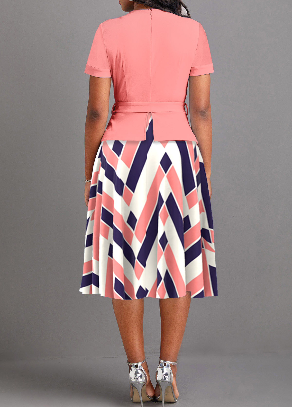 Geometric Print Fake 2in1 Belted Pink Dress