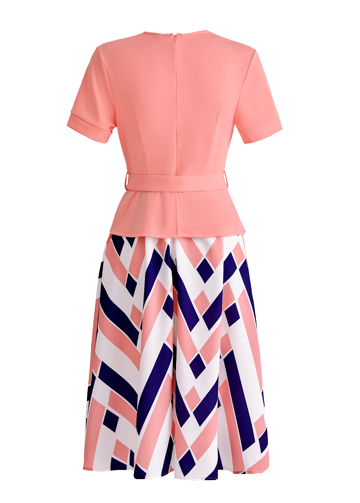 Geometric Print Fake 2in1 Belted Pink Dress