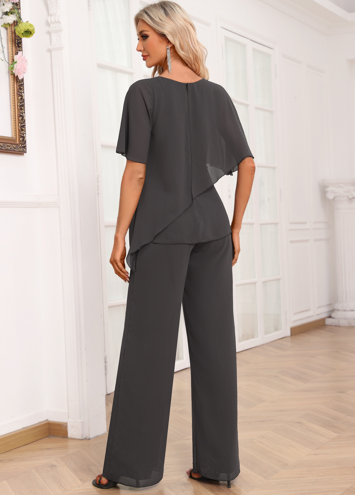 Layered Long Asymmetrical Neck Dark Grey Jumpsuit USD 27.98