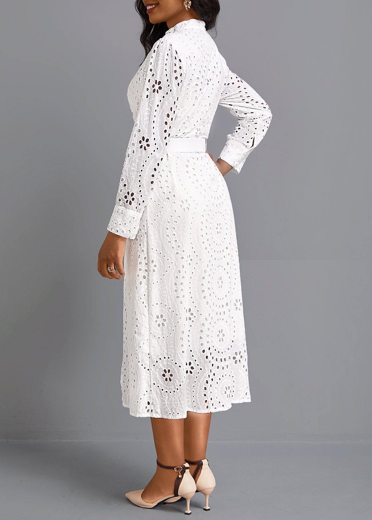 Button Belted White Round Neck Long Sleeve Dress