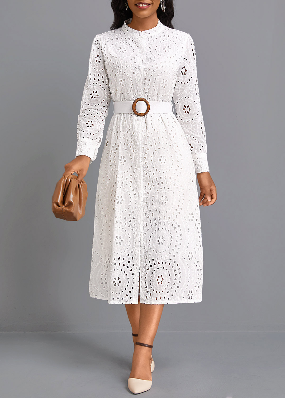 Button Belted White Round Neck Long Sleeve Dress