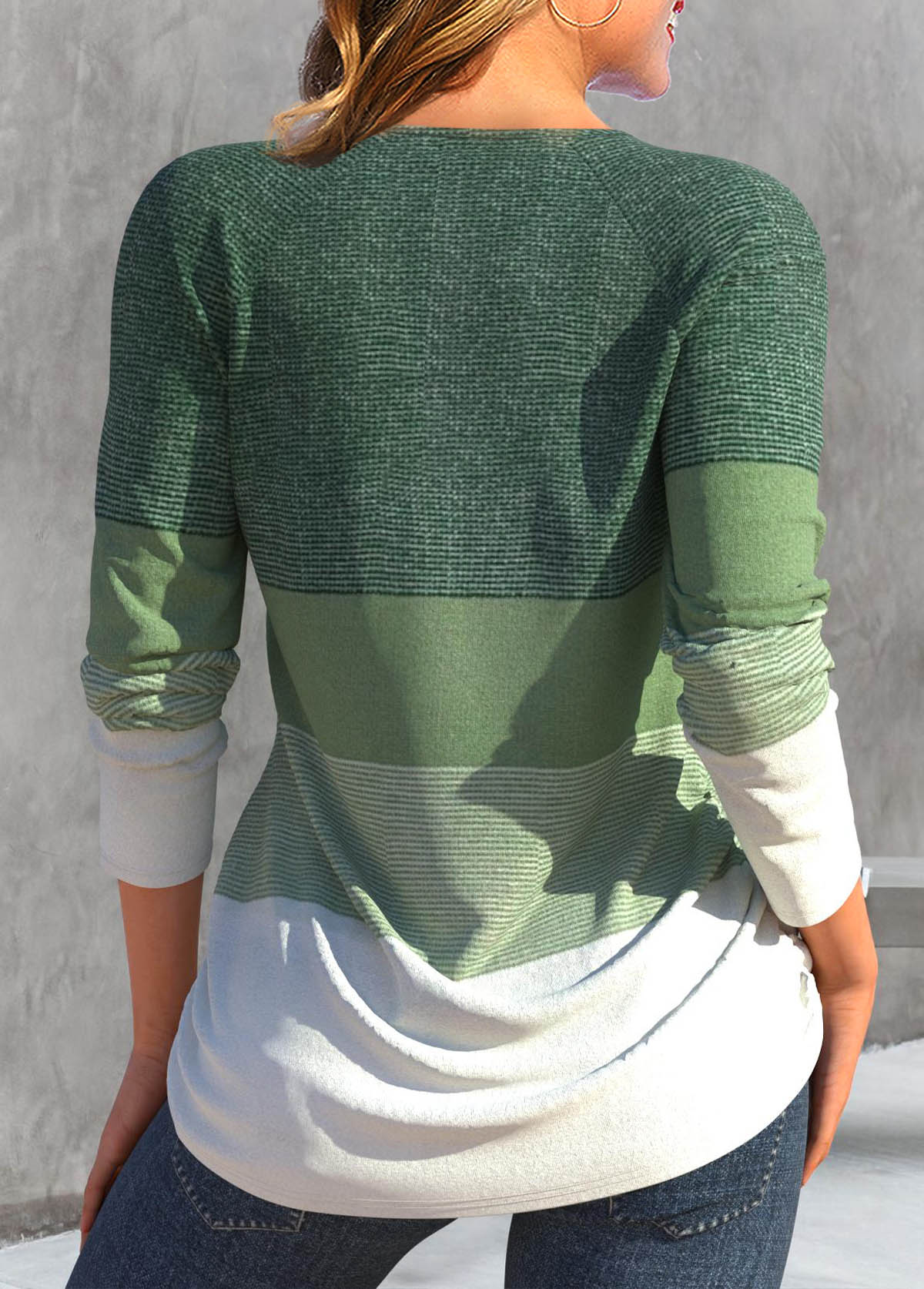 Striped Zipper Sage Green V Neck T Shirt
