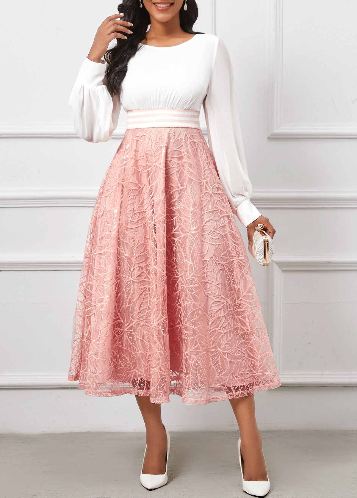 Sequin Pink Long Sleeve Round Neck Dress