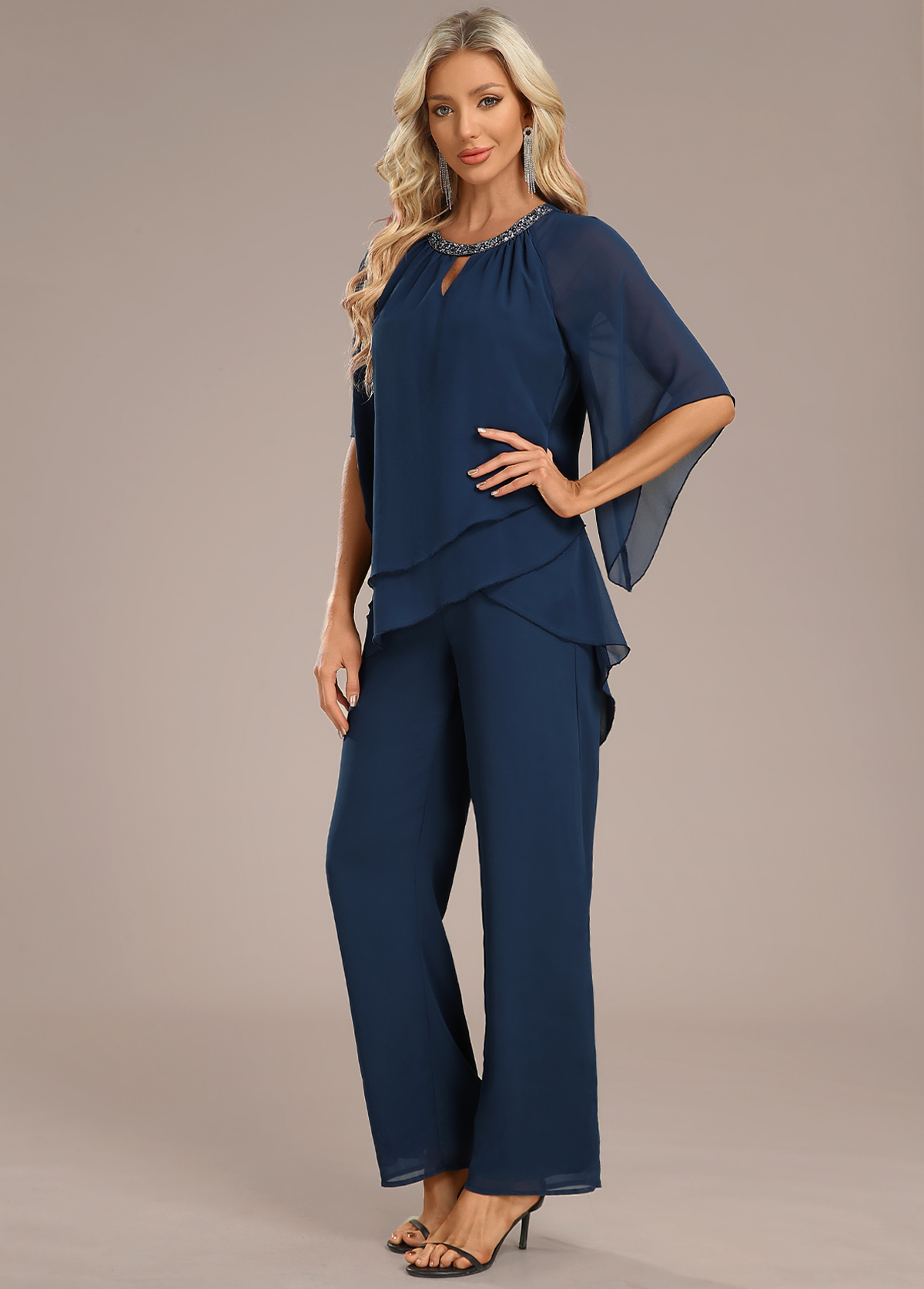 Layered Long Round Neck Navy Jumpsuit