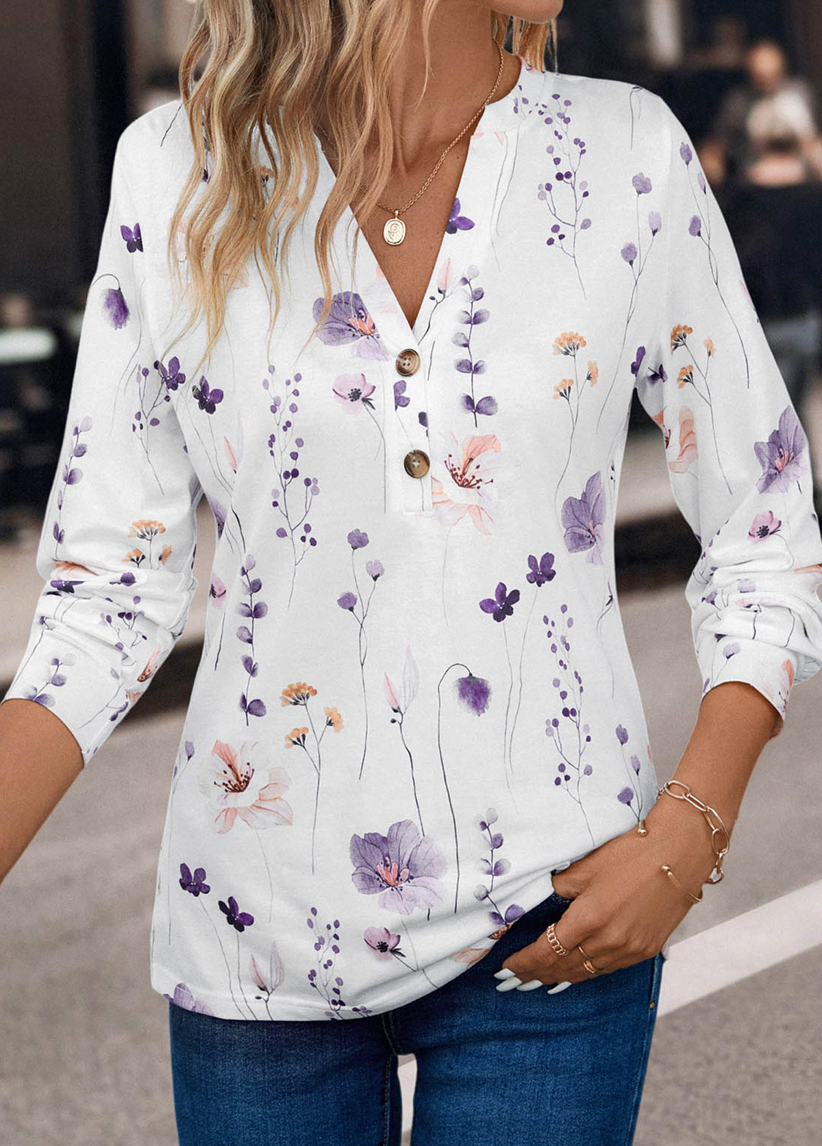 Floral Print Button White Split Neck T Shirt