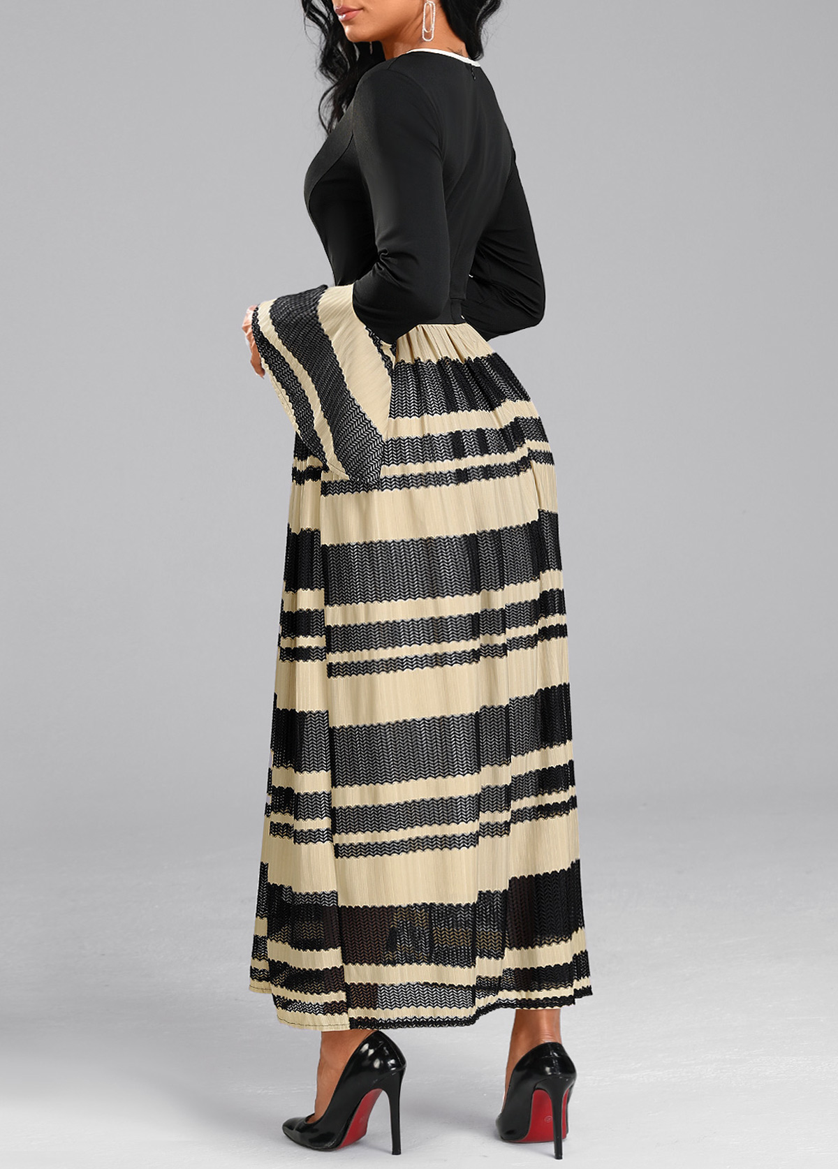 Black Long Sleeve Round Neck Patchwork Dress