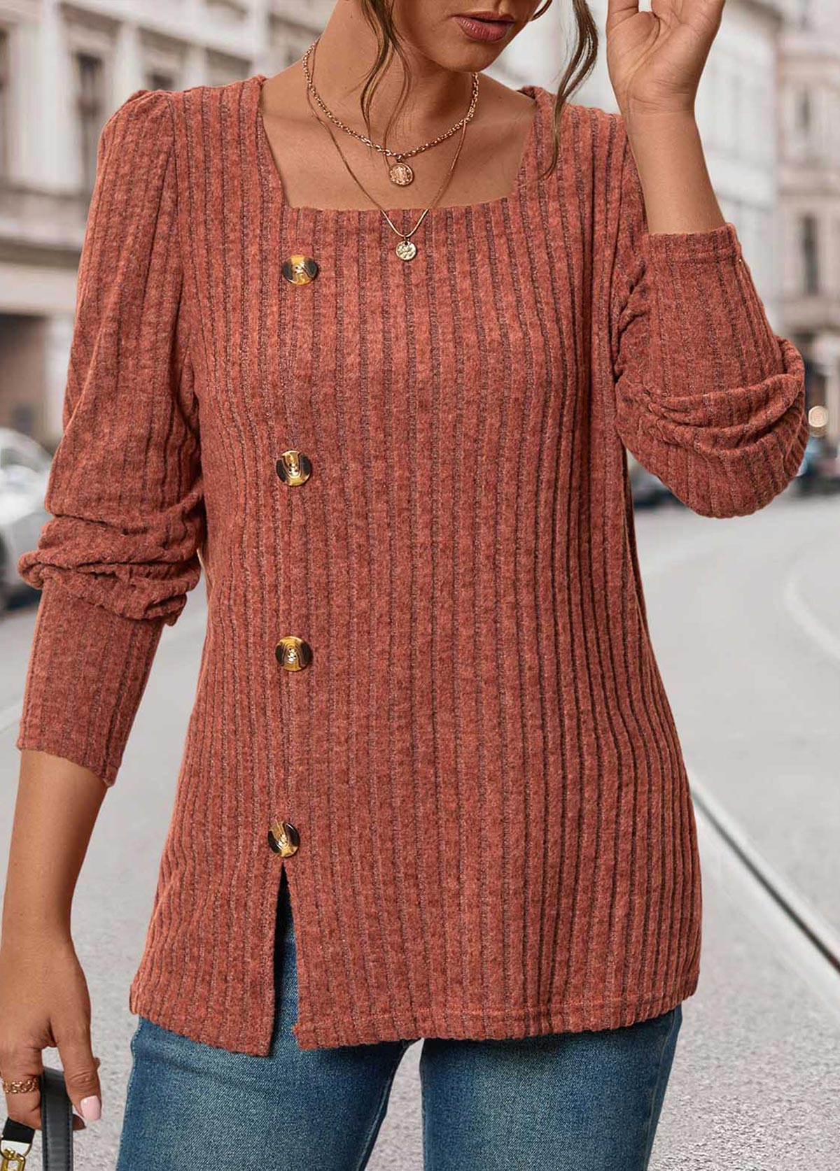 Brick Red Square Neck Long Sleeve Button T Shirt