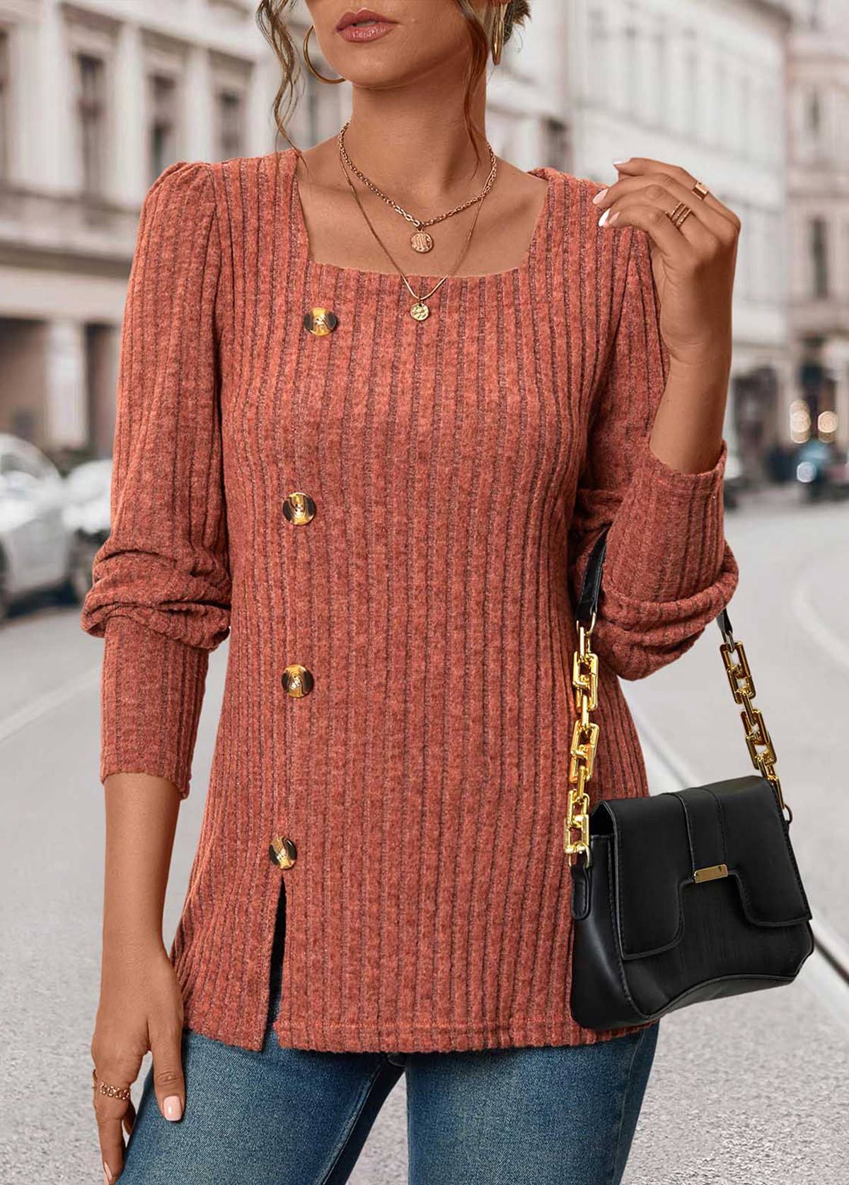 Brick Red Square Neck Long Sleeve Button T Shirt