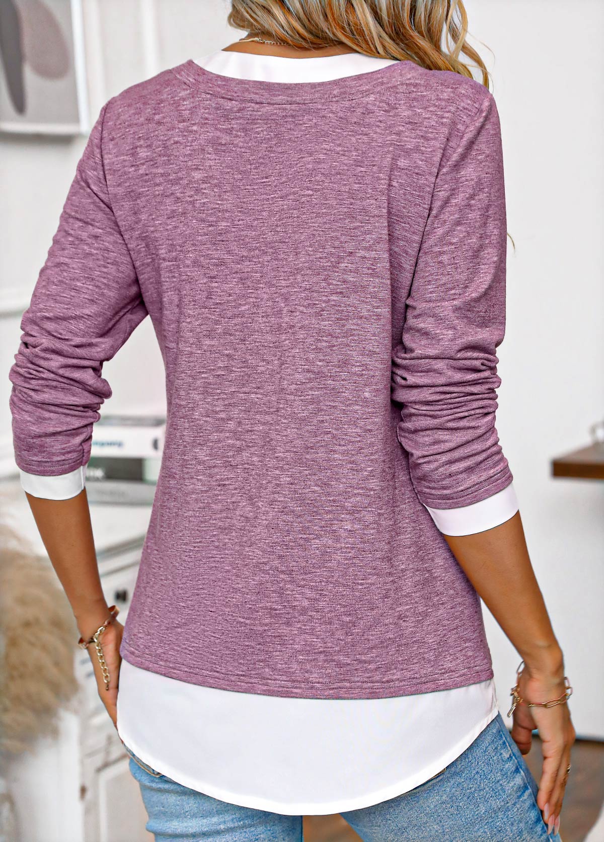 Plus Size Dark Reddish Purple Patchwork T Shirt