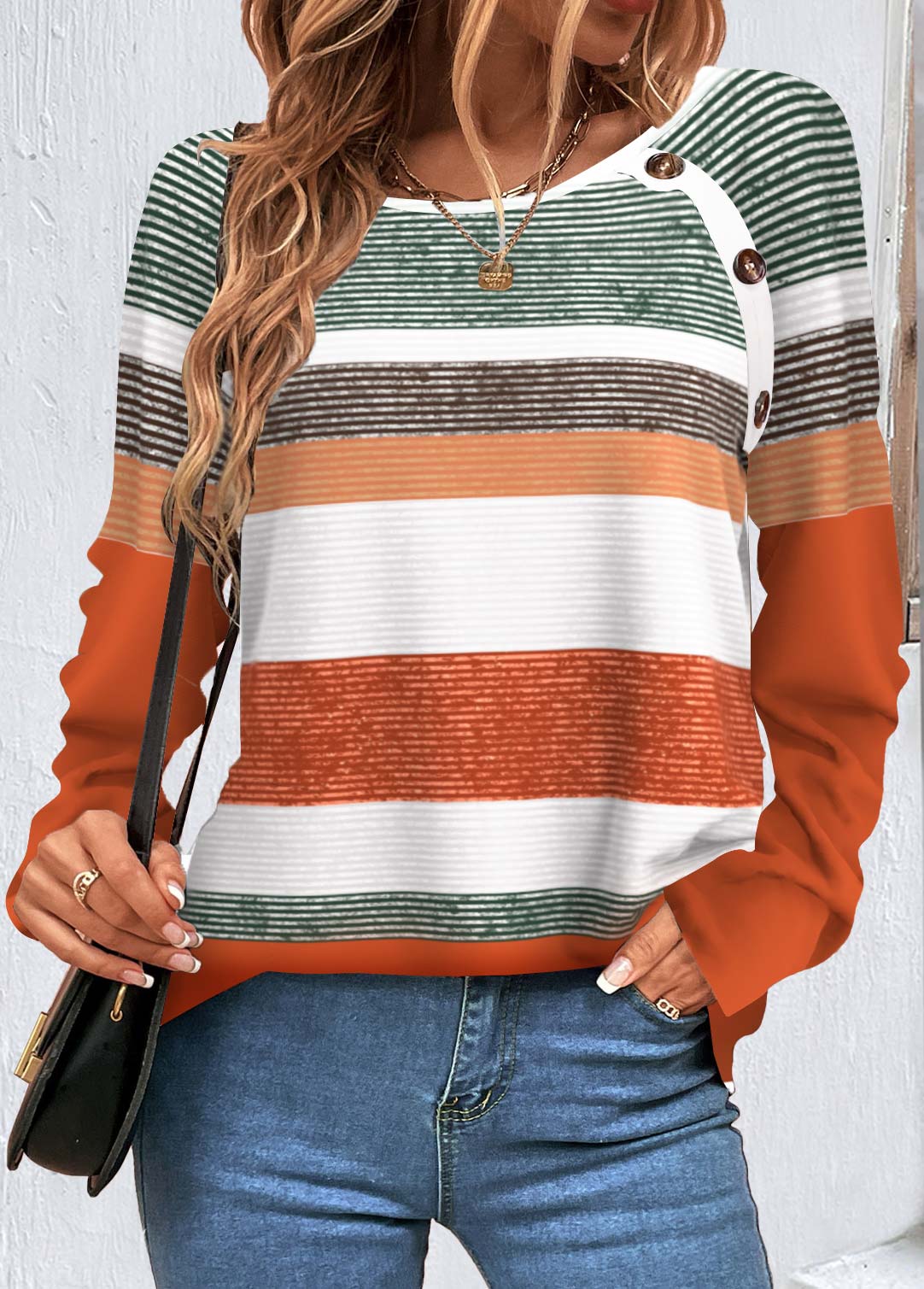 Multi Stripe Print Button Orange T Shirt