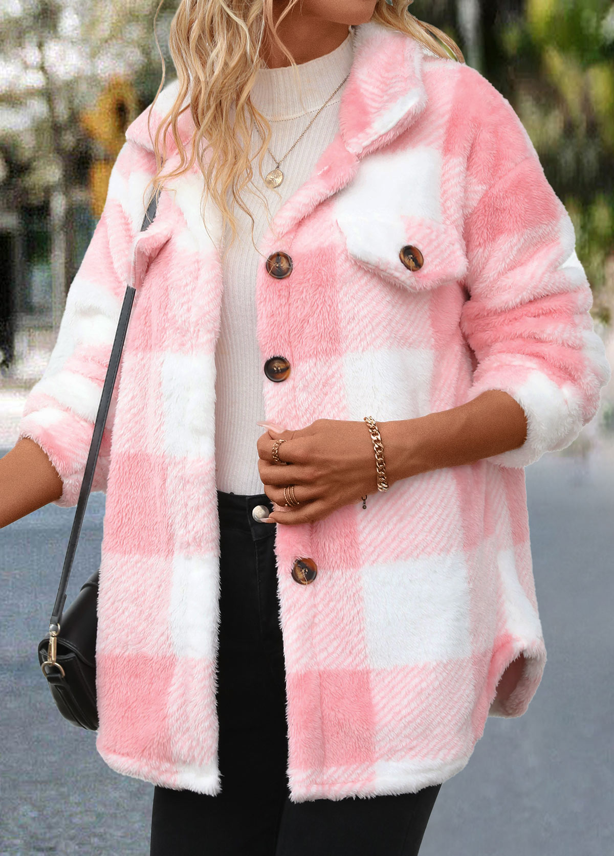 Plaid Button Light Pink Long Sleeve Coat