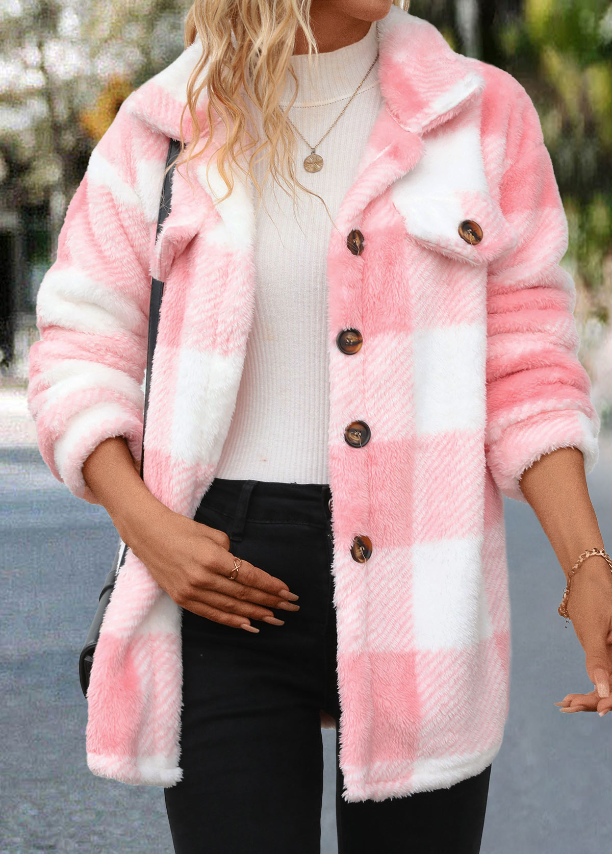Plaid Button Light Pink Long Sleeve Coat