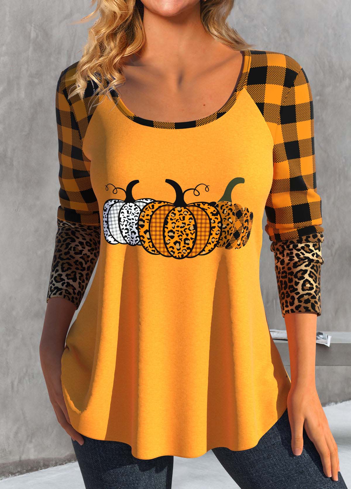 Plus Size Orange Patchwork Halloween Print T Shirt