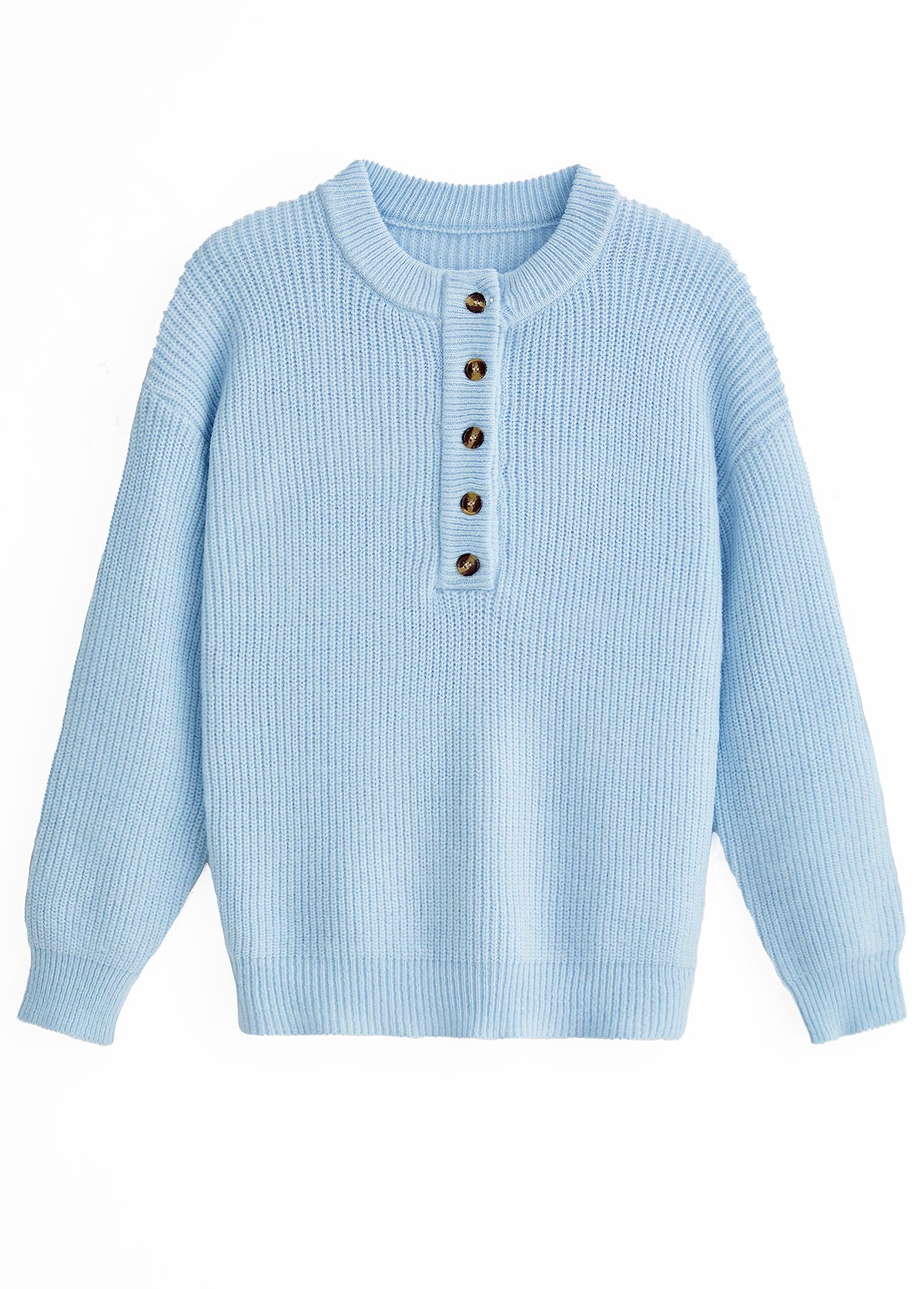 Long Sleeve Button Light Blue Split Neck Sweater
