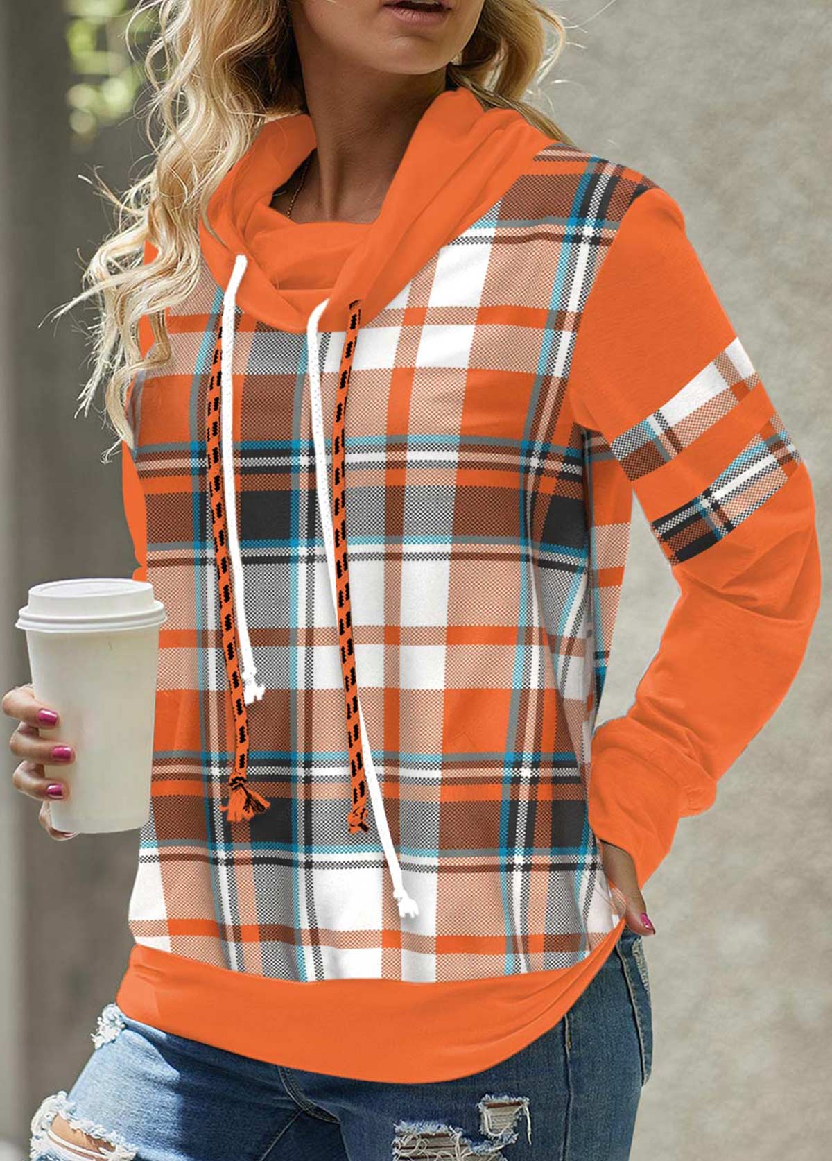 Plaid Patchwork Orange Cowl Neck Long Sleeve Sweatshirt