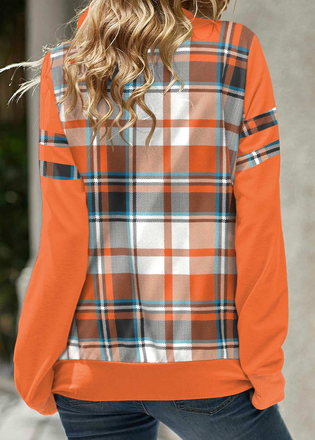 Plaid Patchwork Orange Cowl Neck Long Sleeve Sweatshirt