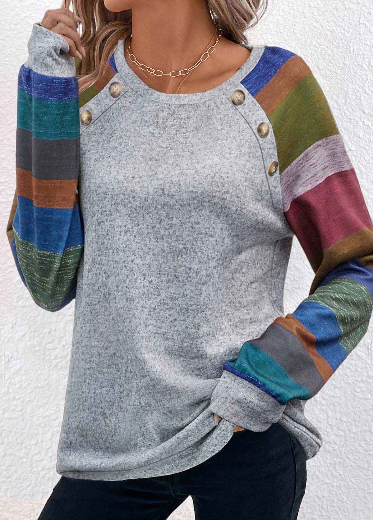 Striped Button Light Grey Marl T Shirt