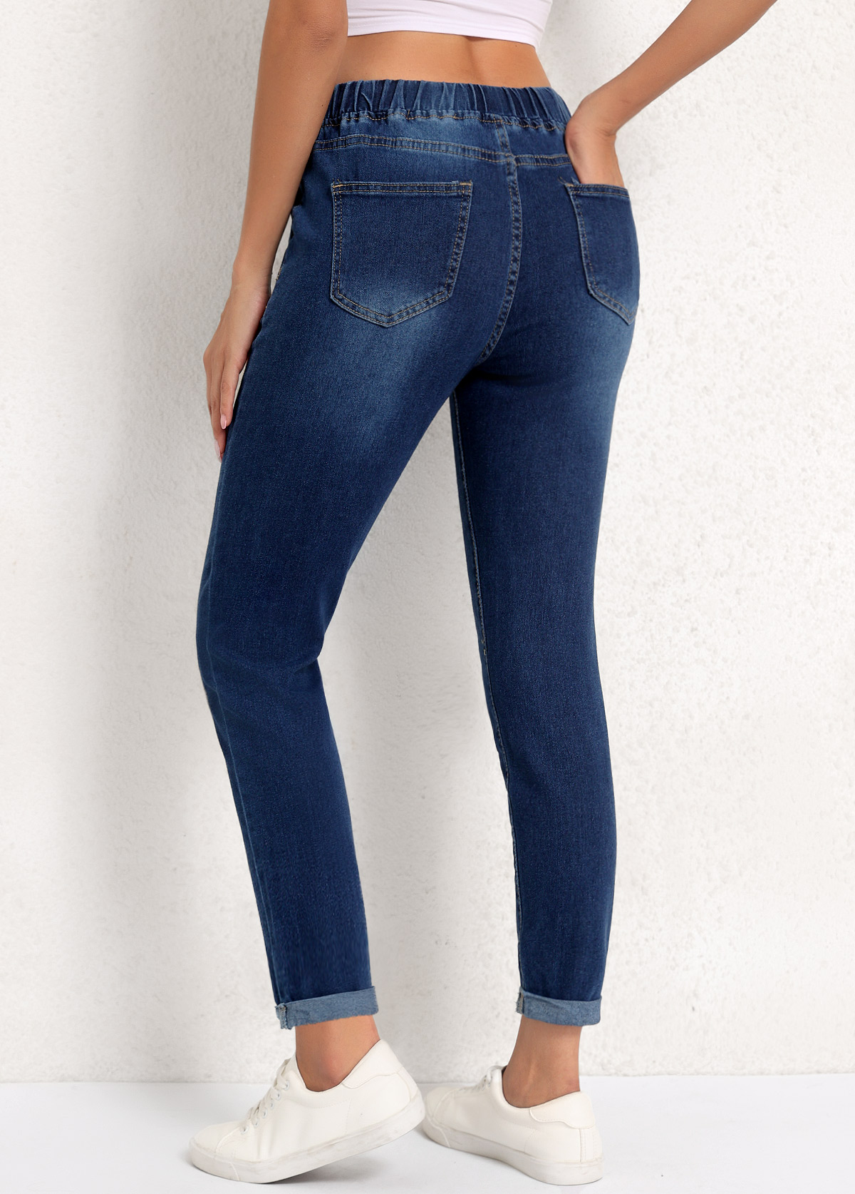 Pocket Denim Blue Skinny Drawastring High Waisted Jeans