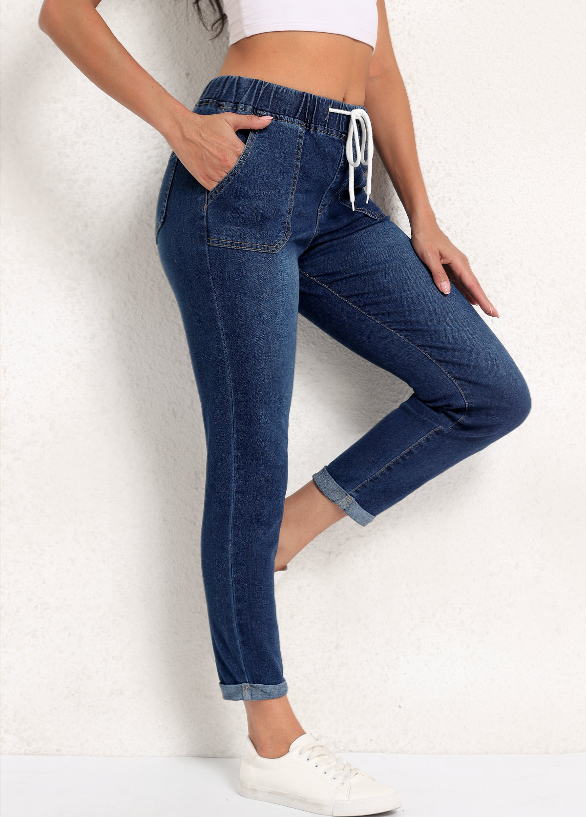 Pocket Denim Blue Skinny Drawastring High Waisted Jeans