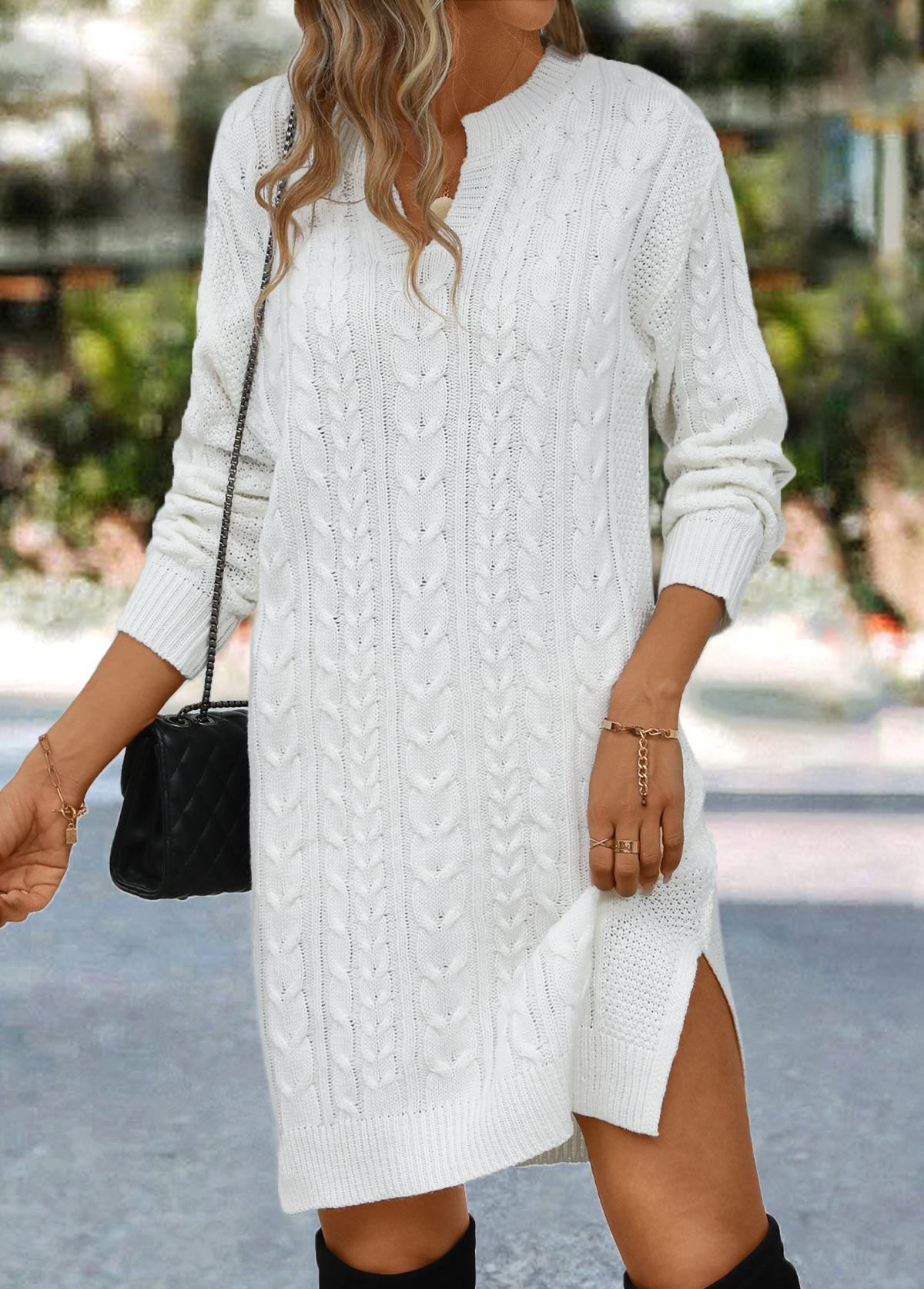 White Short Long Sleeve Split Shift Dress