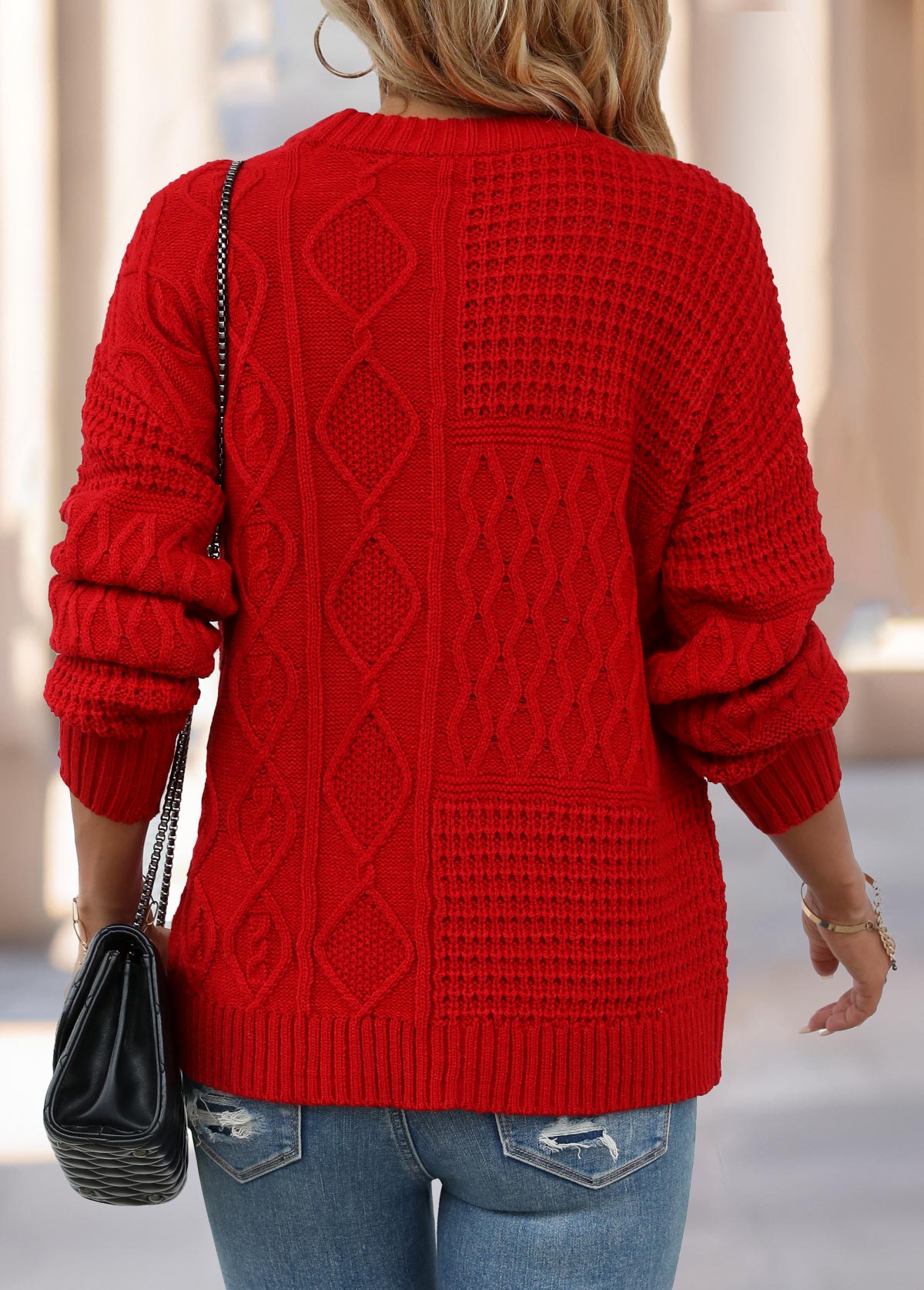 Weave Red Long Sleeve Round Neck Sweater