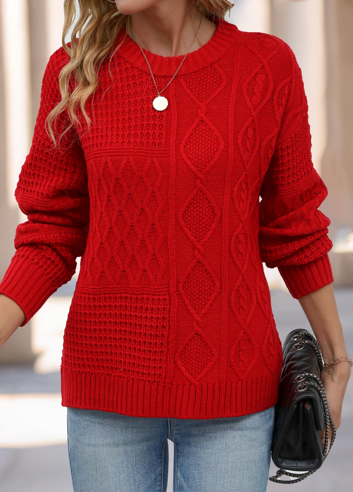 Weave Red Long Sleeve Round Neck Sweater