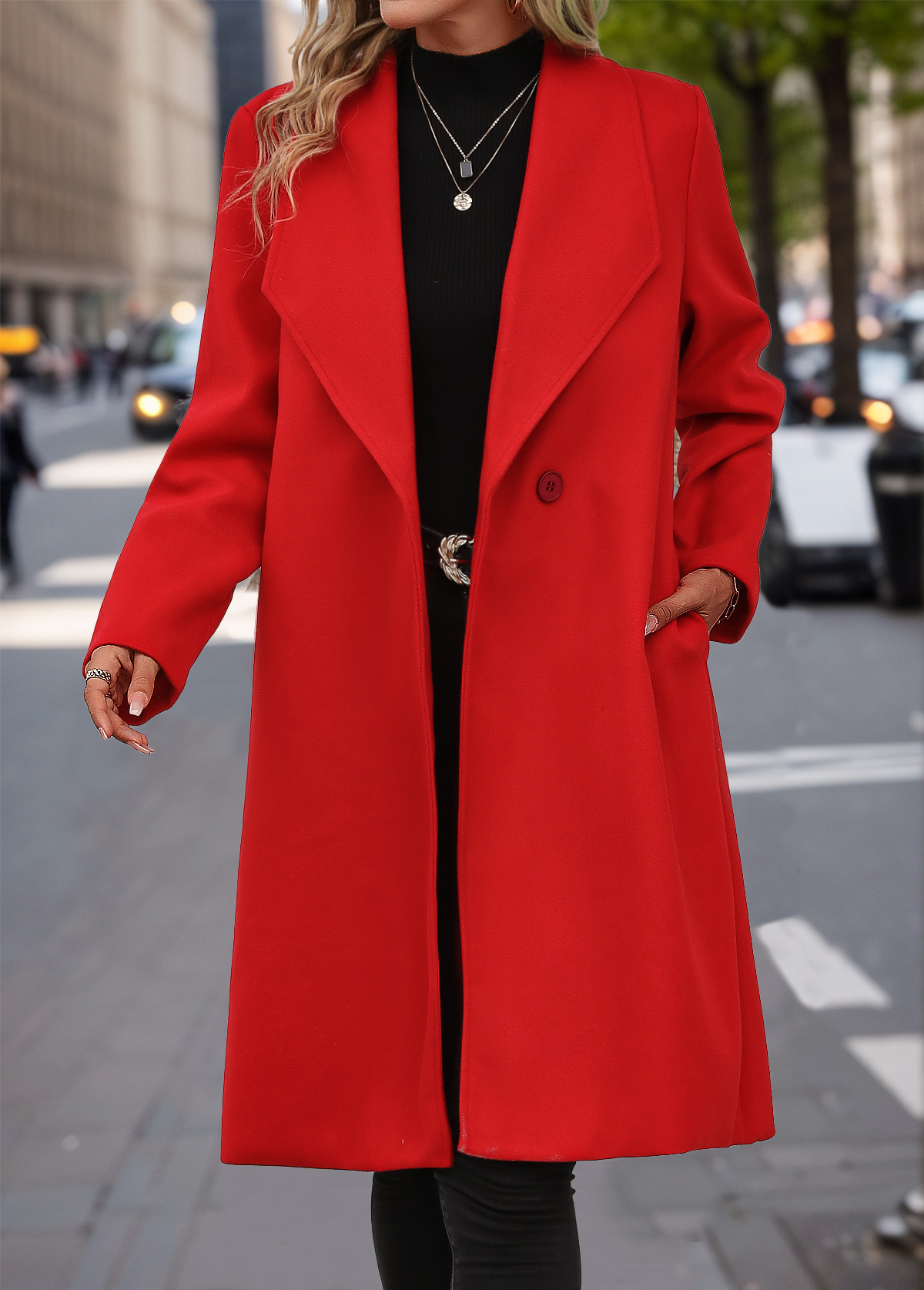 Button Red Long Sleeve Lapel Coat