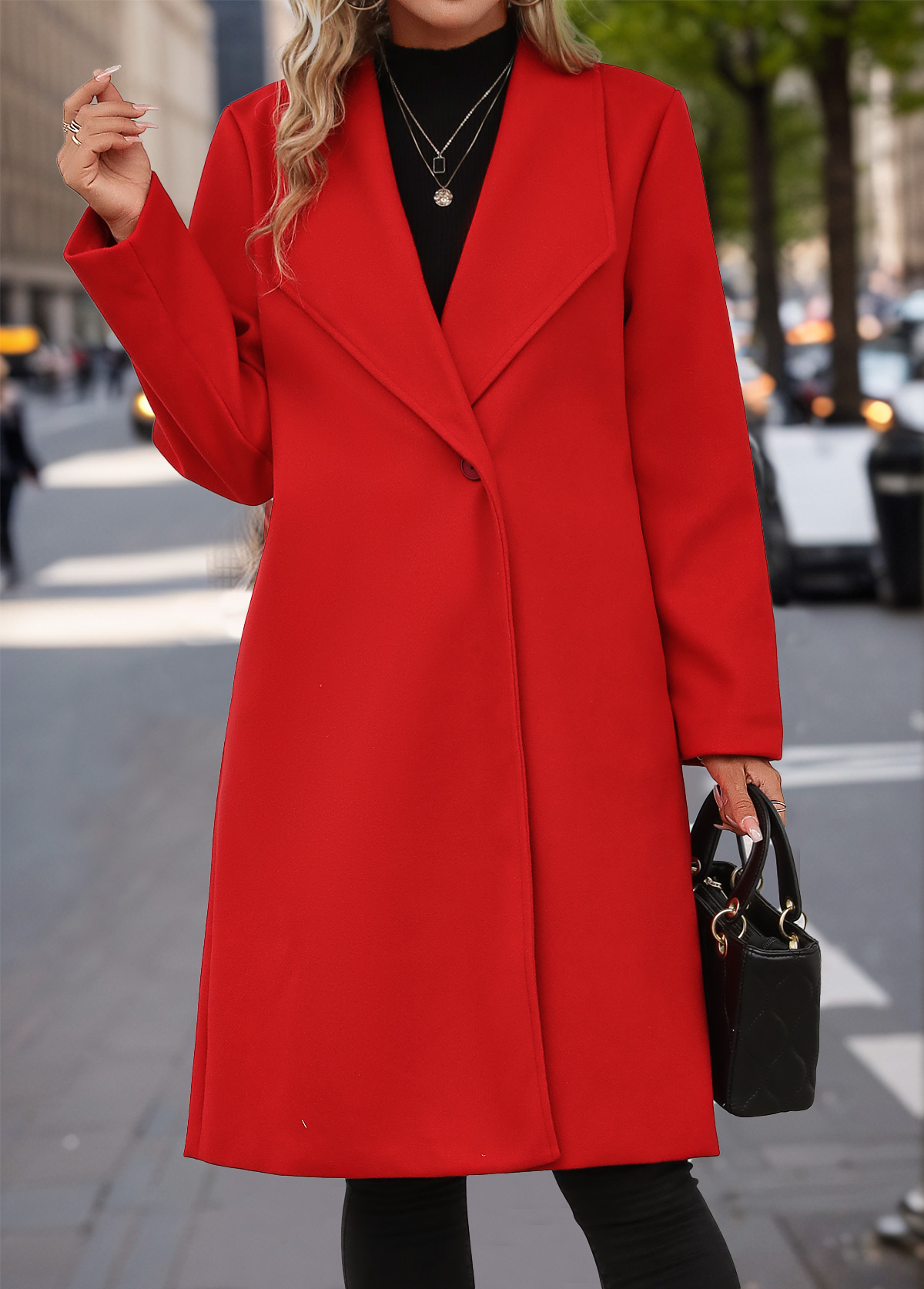 Button Red Long Sleeve Lapel Coat